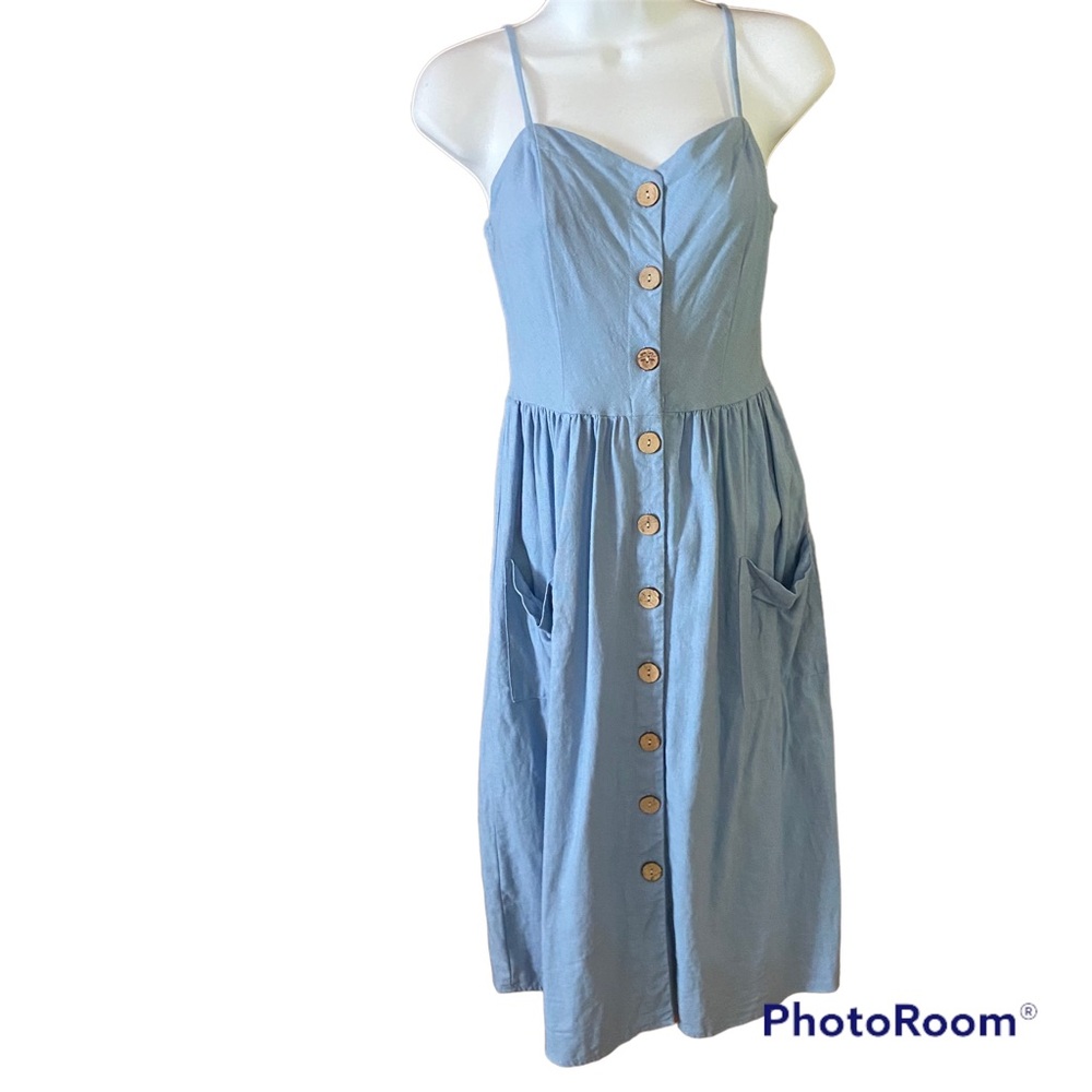 Blue Linen Blend Button Front Women’s Sundress - Excellent Used Condition Size S